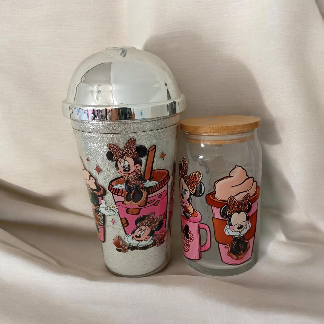 Disney  Minnie Maus Trinkbecher Set mit Glitzer und Bambusdeckel