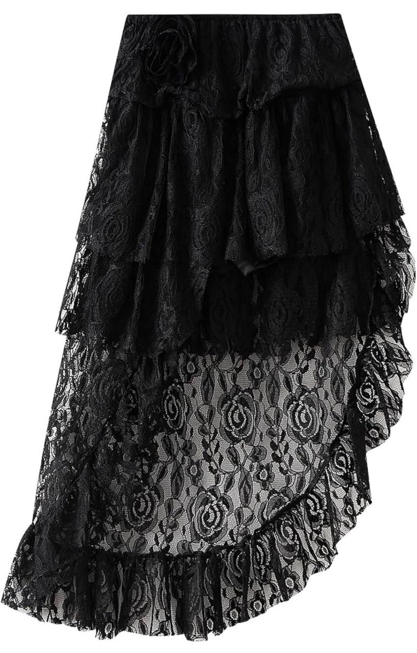 Gothic Vokuhila Spitzenrock mit integrierter Skort & Tüllrose Grunge / Y2K