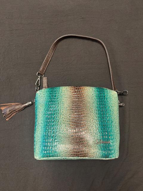 Elegante Leder-Handtasche von Desisan – Türkis / Braun im Kroko-Look
