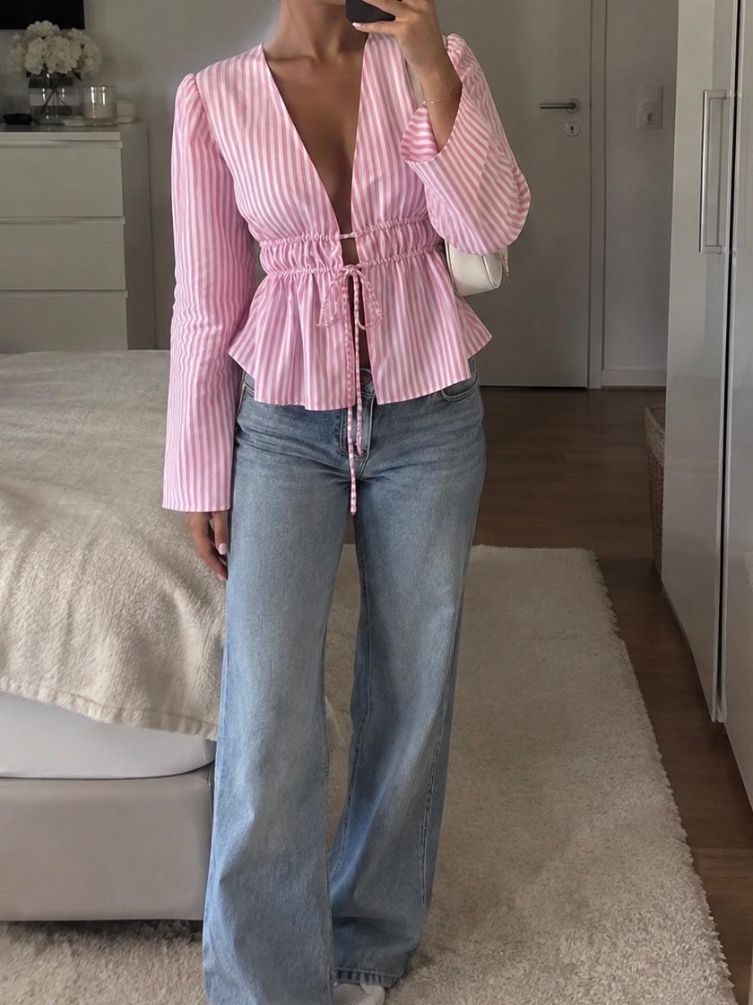 Rosa gestreifte Bluse mit Bindeband & Raffungen | S