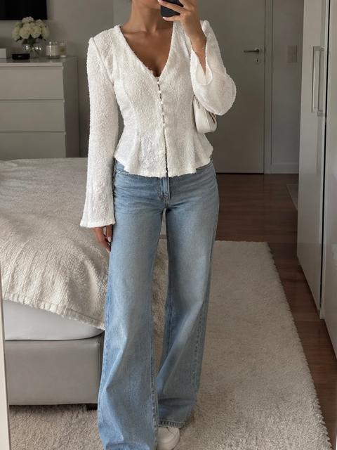 Weiße Vintage Bluse mit Spitze & Knopfleiste | XS Size XS