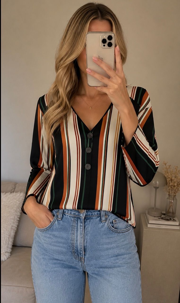 Ohne  Gestreifte Bluse Gr M V Ausschnitt Langarm Elegant Casual Büro Damen Schwarz Size M
