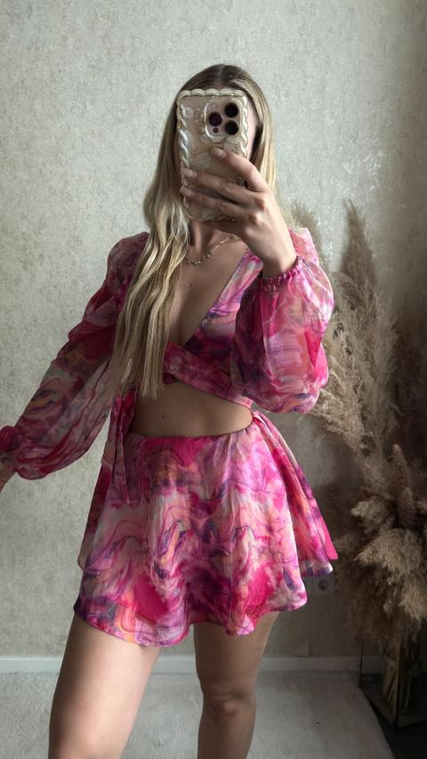 Zweiteiler Pink Set Crop Top Wickeltop Ballonärmel Shorts Rockoptik Hosenrock Size XS