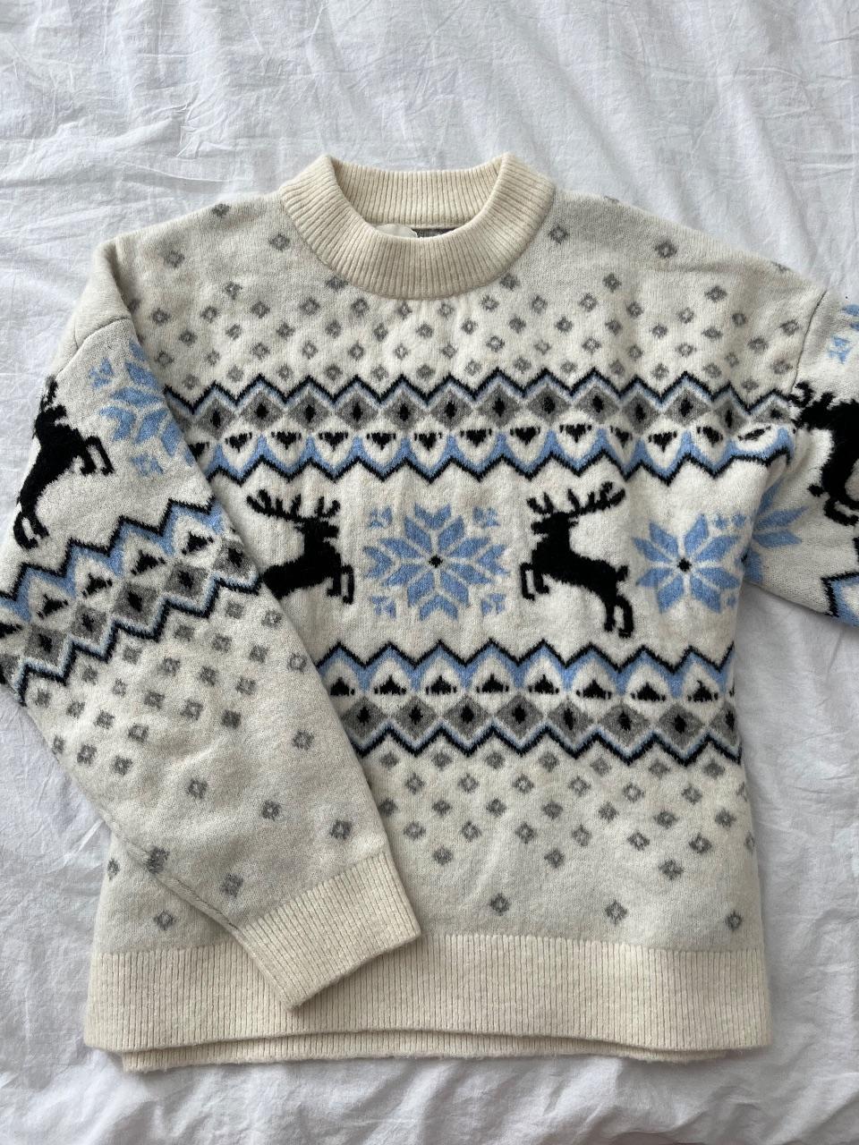Creme Pullover mit Rentieren und Schneeflocken Gr.L von H&M mit Wollanteil
