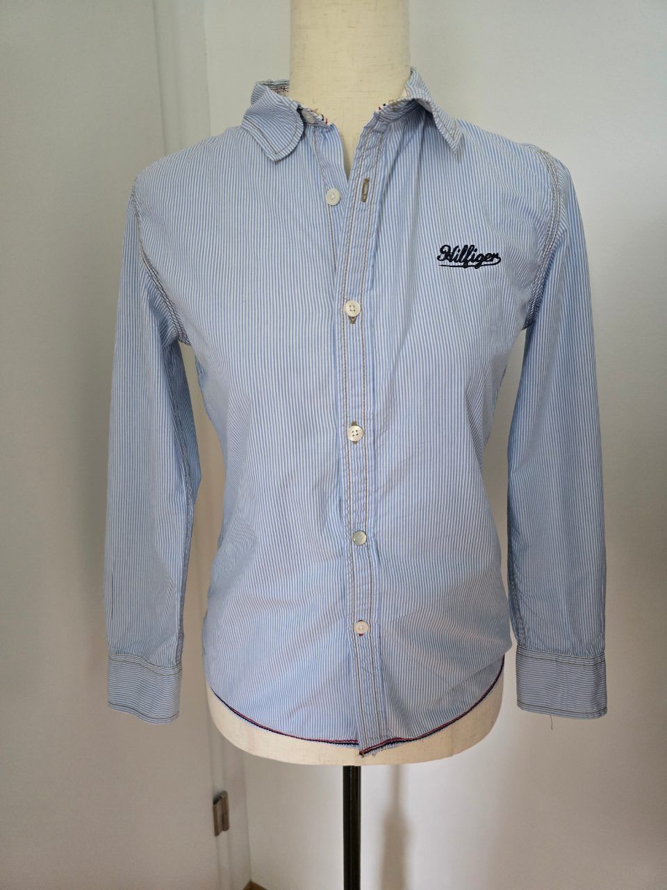 Tommy Hilfiger gestreiftes Blusenhemd Gr. 12 – Hellblau Baumwolle Preppy Vintage