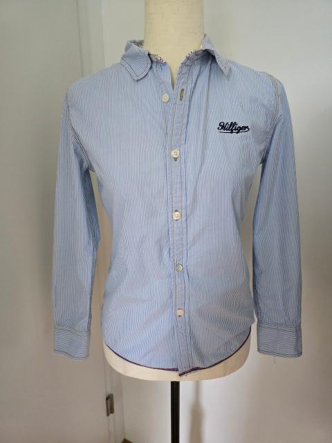 Tommy Hilfiger gestreiftes Blusenhemd Gr. 12 – Hellblau Baumwolle Preppy Vintage