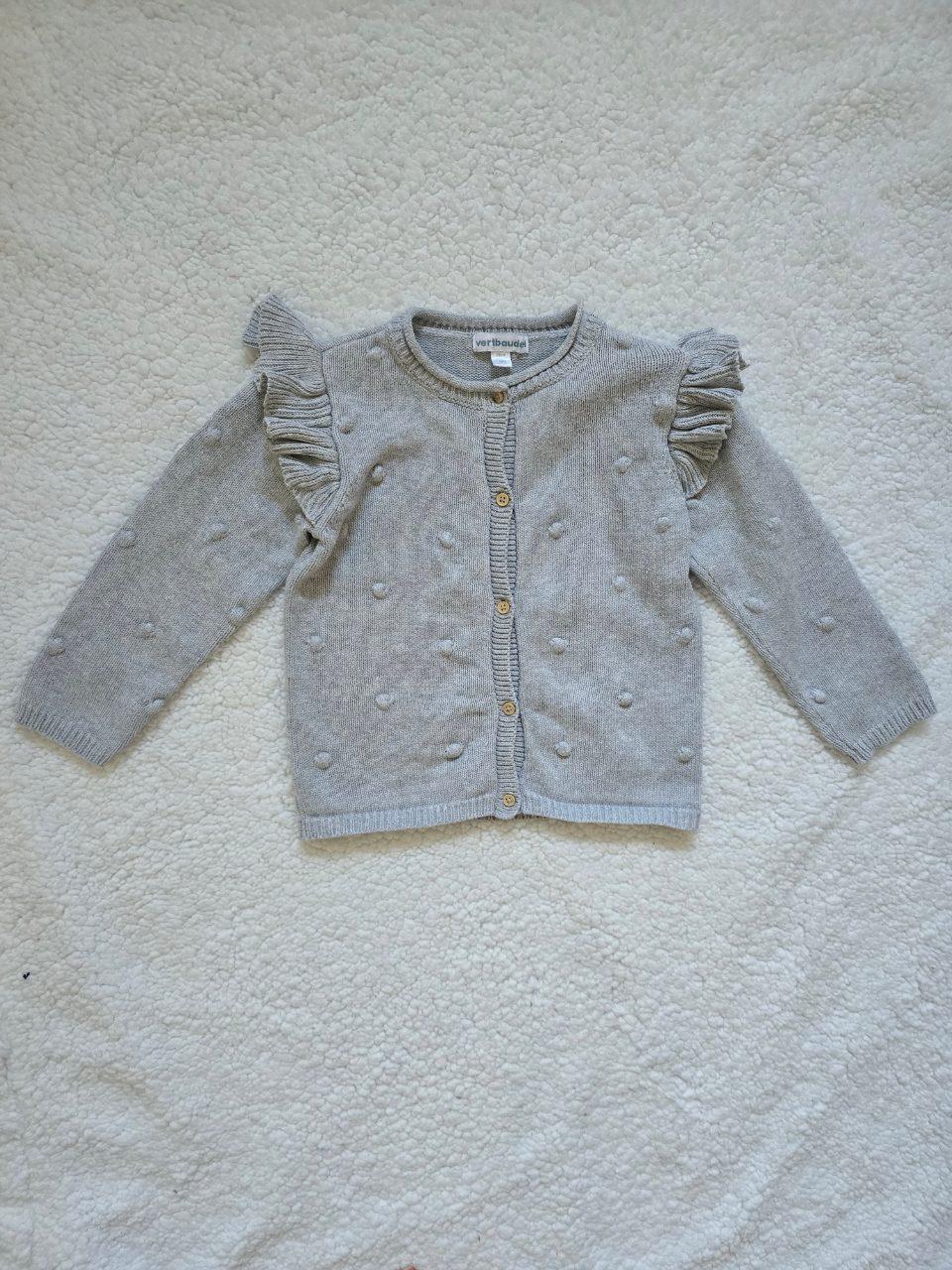 Vertbaudet Strickjacke Rüschen Pompons 86cm 24M – Hellgrau Baumwolle Boho Scandi