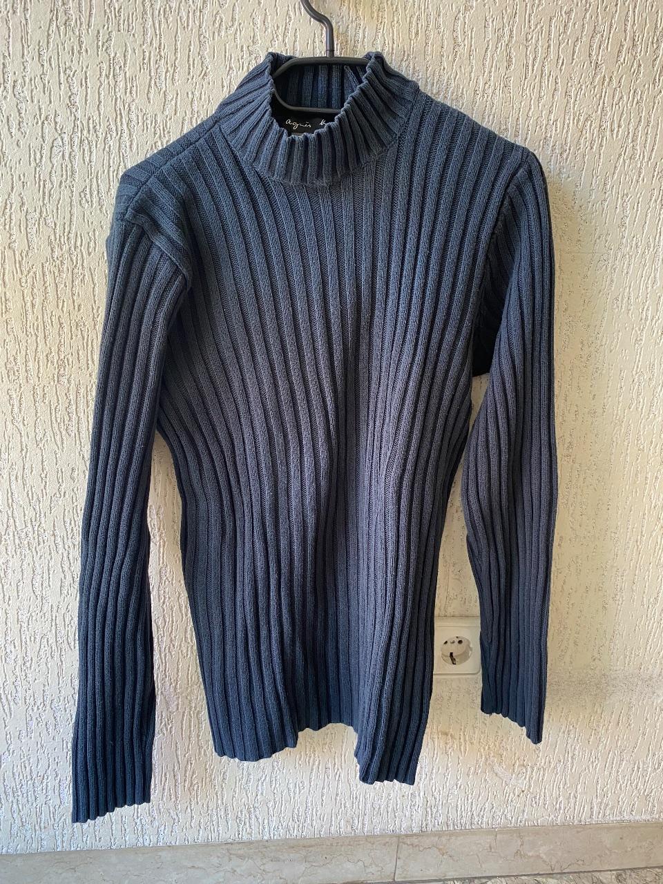 Agnès b. PARIS Designer Rollkragen Pullover Rippstrick Gr. S Grau Blau Woll-Mix