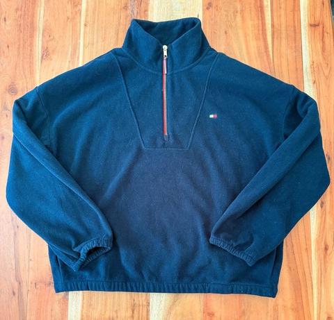 Tommy Hilfiger Fleece Troyer L Navy Half Zip Pullover Flag Logo Quarter Zip 76J1