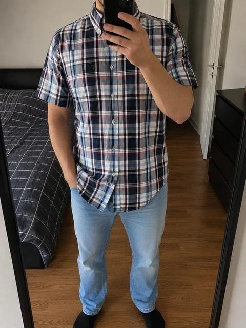 Tommy Hilfiger Kurzarmhemd Herren L Blau Rot Weiß Kariert Button Down Preppy