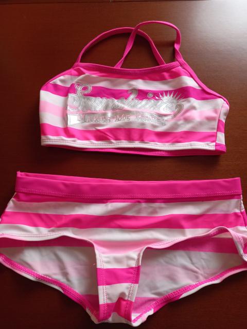 Mädchen Bikini, rosa-weiß gestreift, Größe 134/140 Size 134