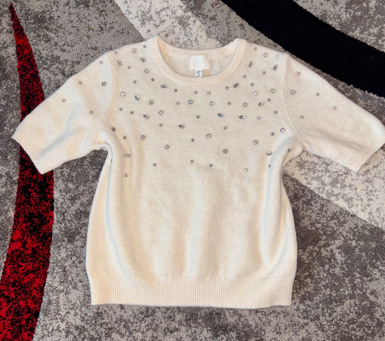 H&M H&M Kurzarm-Feinstrickpullover mit Strasssteinen Creme / Weiß Gr. S Size S