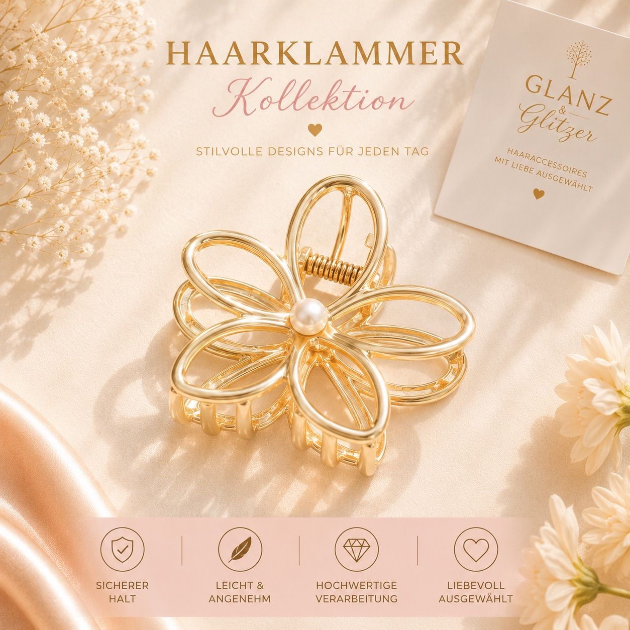 GlanzundGlitzer 🌸 Blüten Haarklammer mit Perle 🌸