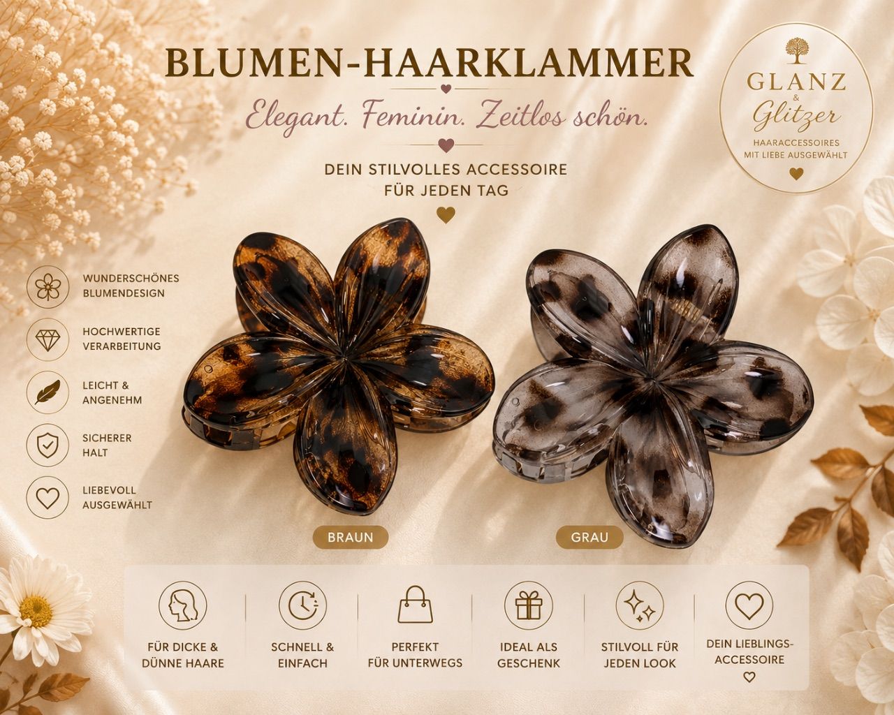 Glanz&Glitzer Leoparden-Blumen-Haarklammer – Elegant & außergewöhnlich