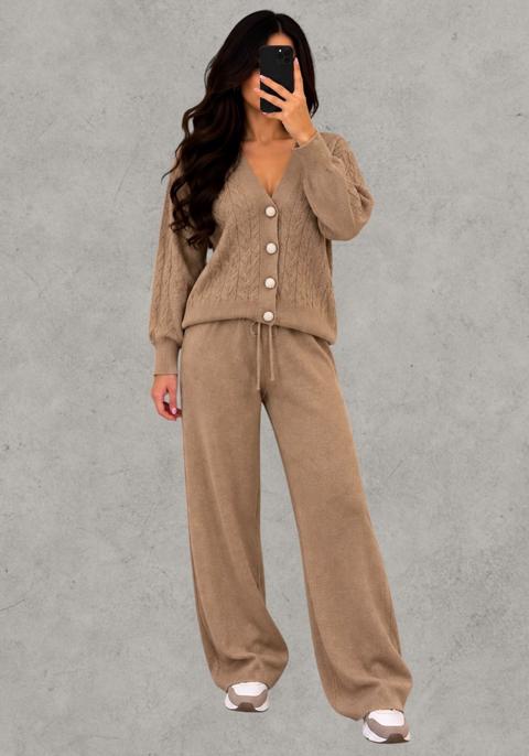 MÉI Sauce Zweiteiler Strick Set Beige mit Cardigan & weiter Hose Size Einheitsgröße