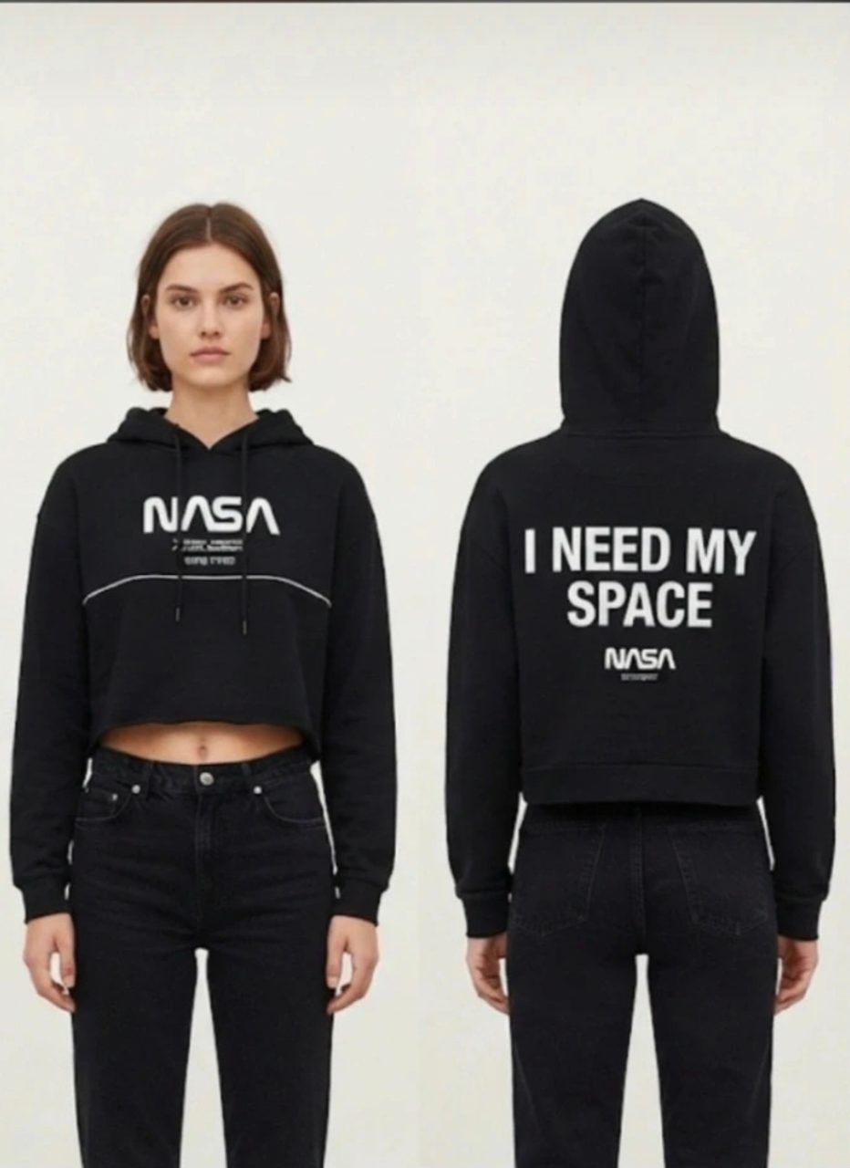 H&M NASA Cropped Hoodie Schwarz - I Need My Space Gr. M Size M