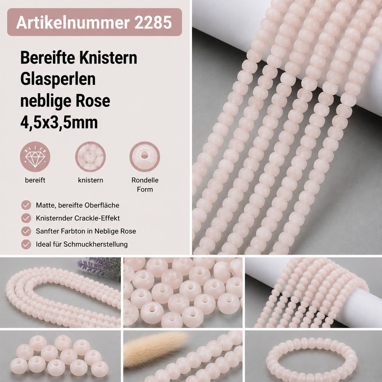 Ohne Marke Bereifte Knistern Glasrondelle neblige Rose Size 4,5x3,5mm