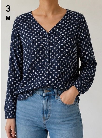 Only Only Bluse blau-weiß gemustert Gr. M V-Ausschnitt Langarm Size M