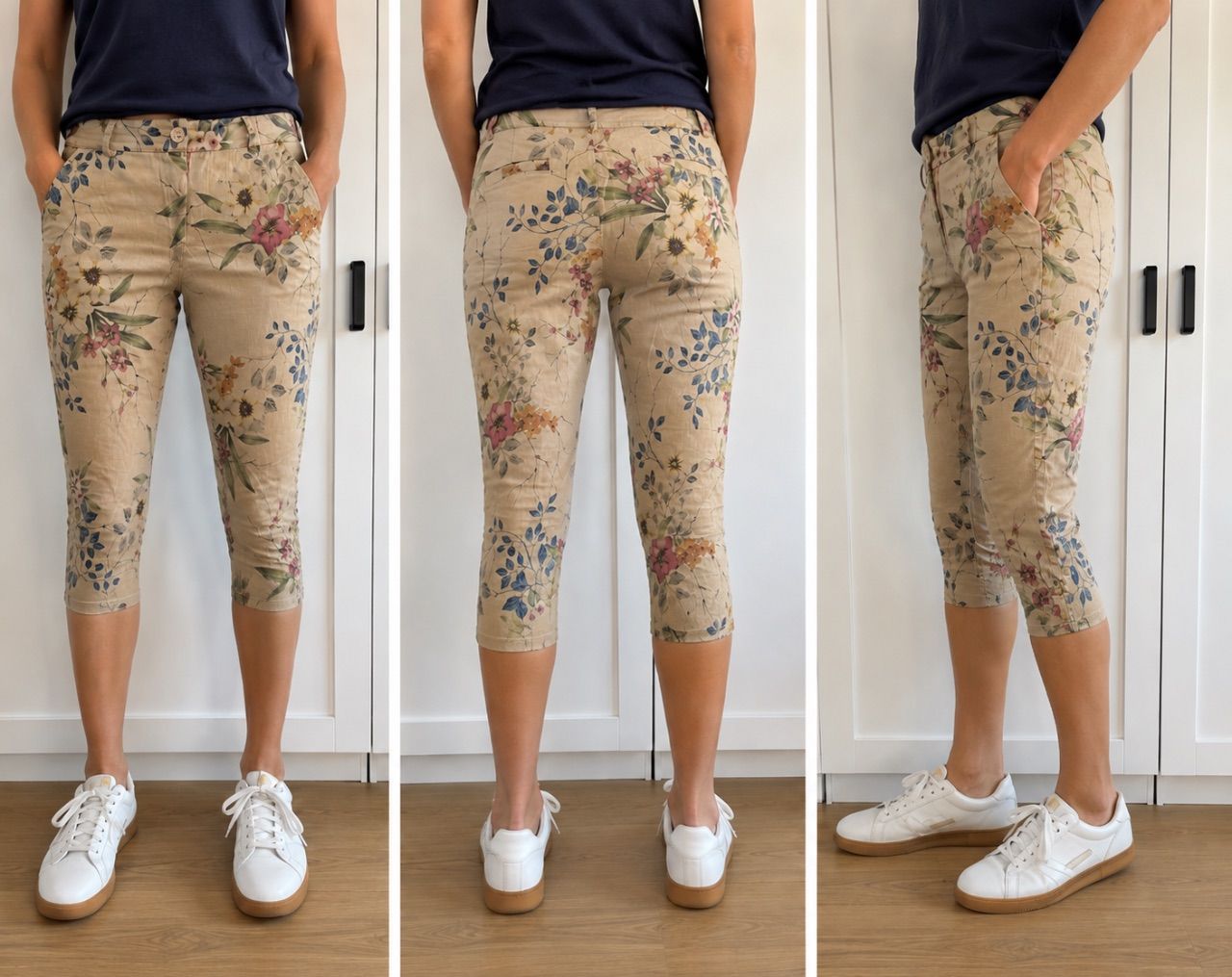 Italy Leichte Sommerhose mit Blumenmuster 3/4 Hose – Gr. L Size L