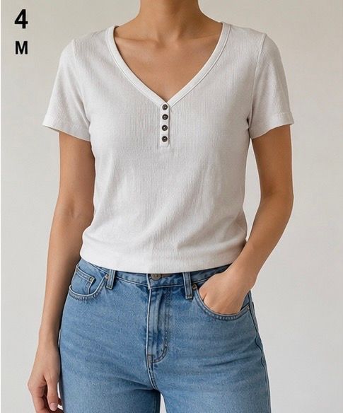John Baner John Baner Basic Shirt weiß gerippt V-Ausschnitt Gr. M Size M