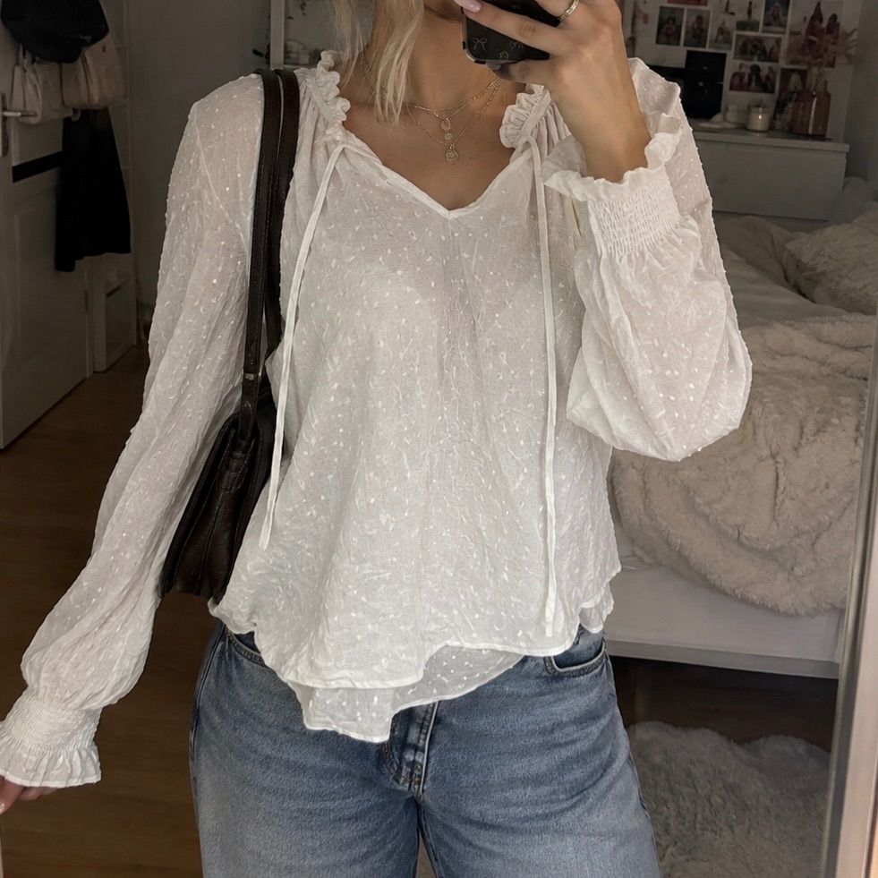 H&M H&M Boho Bluse weiß Plumetis Punkte leicht transparent Puffärmel polkadots Size 34