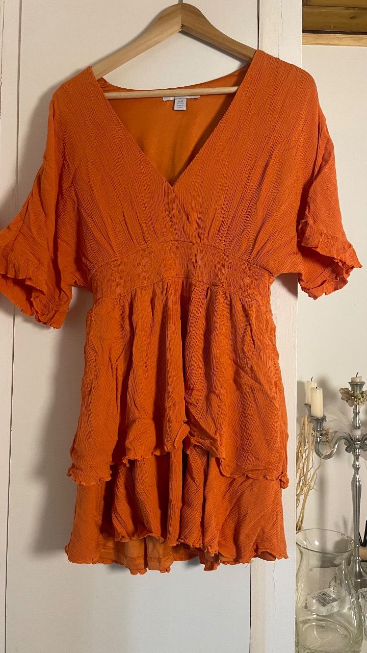 New Yorker Amisu New Yorker Orangenes Sommerkleid / Boho V-Ausschnitt gerafftes A Linien  Size L