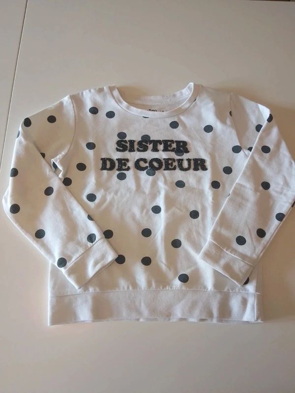 Gemo GĒMO | Sweatshirt / Pullover | Weiß mit Punkten | Gr. 6 / 116 | Glitzer-Schrift Size 116