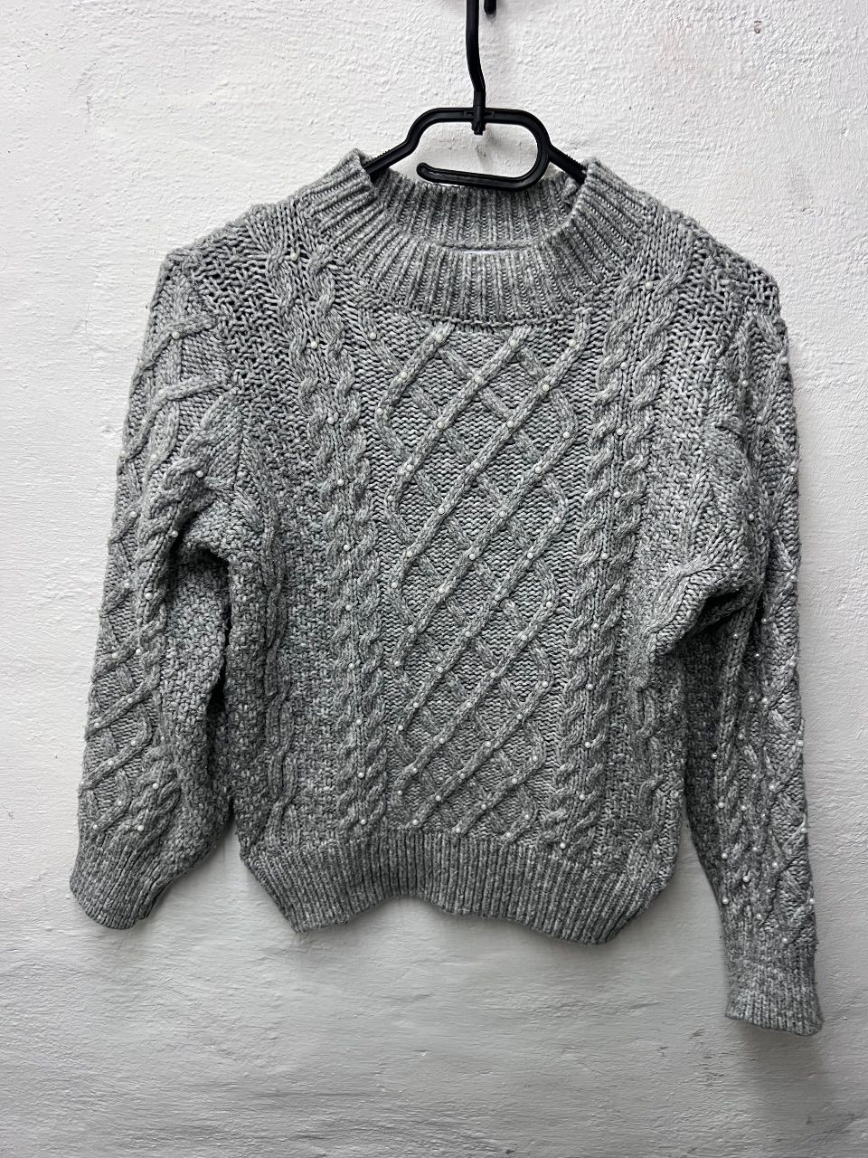 Ever Me Grauer Strickpullover mit Zopfmuster und Perlen Gr.M Size M