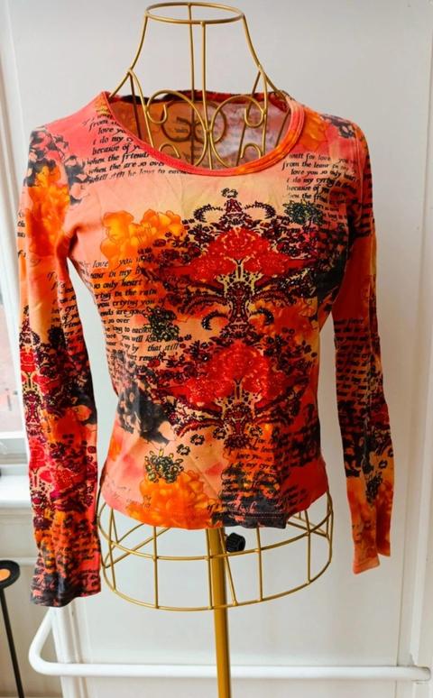 Vintage 🖤Y2K Grunge Langarmshirt / Mesh-Optik / Print & Text-Muster / Orange / Rot Size S
