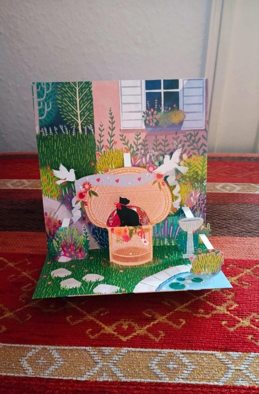 Vintage 🖤3D Pop-Up Grußkarte / Glückwunschkarte – Katze im Korbsessel & Garten