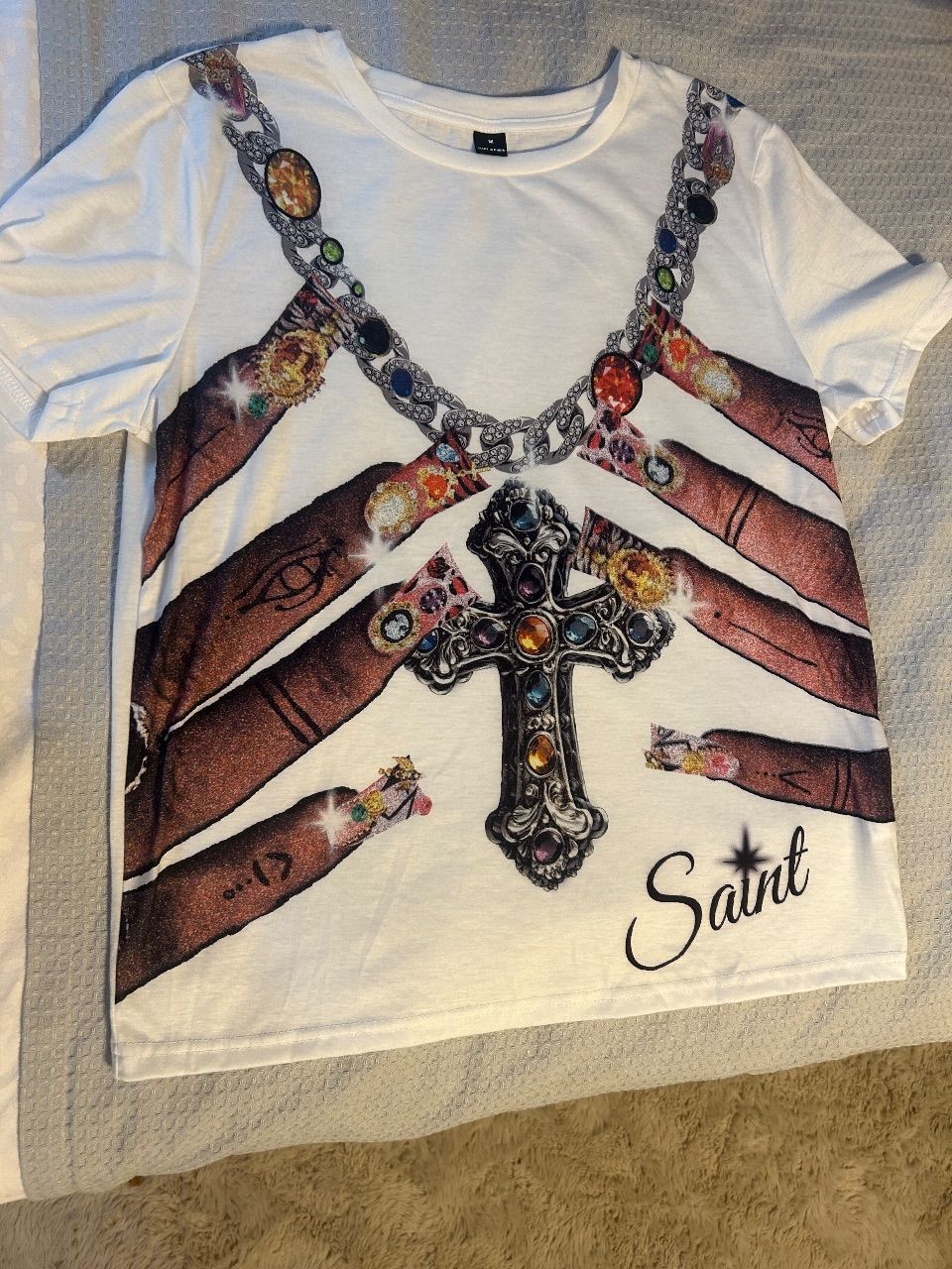 Shein Weißes T-Shirt mit auffälligem Schmuck-Print Size M