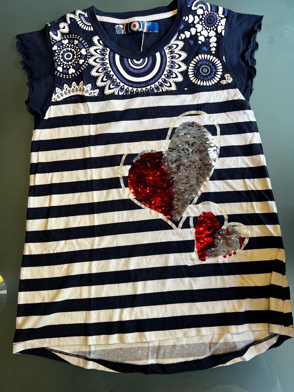 Desigual  Desigual T-Shirt blau weiß liniert mit Wendepailletten Gr. 146 Size 146