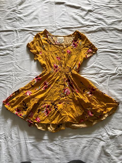 Sunday Mi Amor Sunday Mi Amor Sommerkleid Senfgelb Blumenmuster Boho Minikleid S Size S