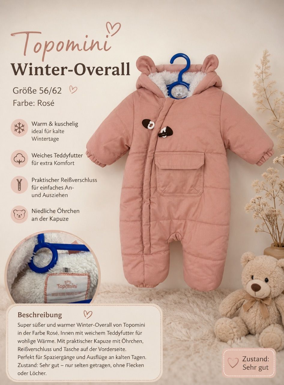 Topomini 🎀 Topomini Winter-Overall mit Teddyfutter – Größe 56/62 Size 56