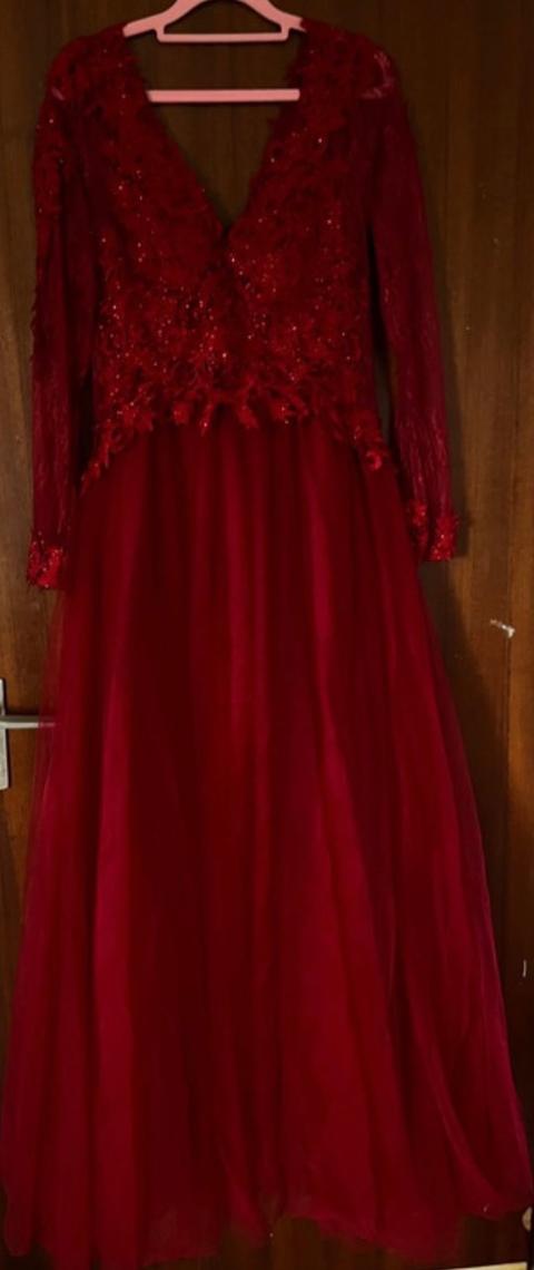 Ohne Marke Elegantes dunkelrotes Abendkleid mit Spitze & eingenähten Cups Size XL