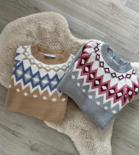 Janina Set Strickpullover Pullis Norweger Muster Herbst Winter Damen beige Grau Size S