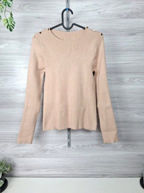 Ohne Marke Rippstrickpullover Strickpullover Zierknöpfe Schulter Langarm Beige 38 Size M