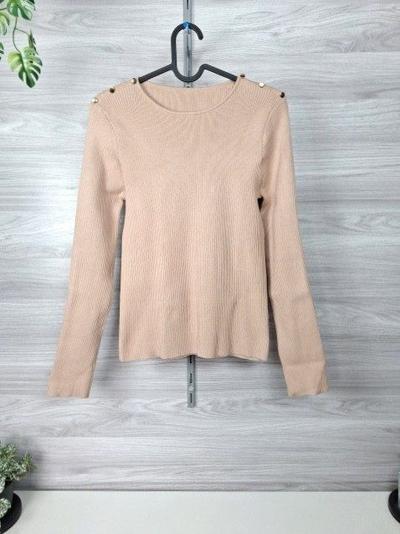Rippstrickpullover Strickpullover Zierknöpfe Schulter Langarm Beige 38