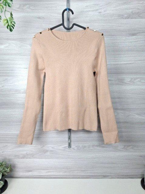 Ohne Marke Rippstrickpullover Strickpullover Zierknöpfe Schulter Langarm Beige 38 Size M