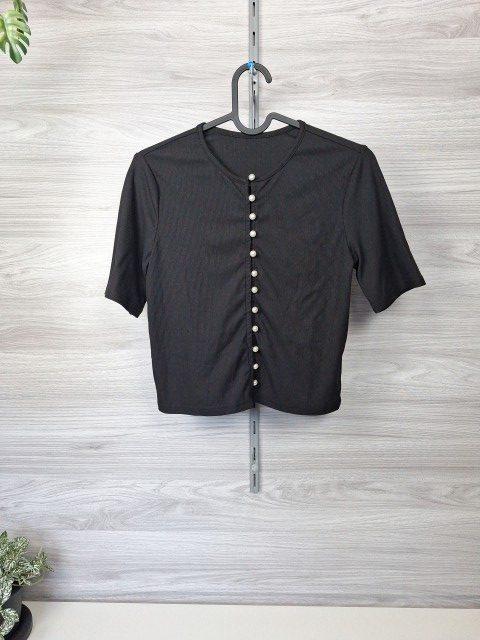 Shein Rippshirt Rippenshirt Perlenknöpfe Zierknopfleiste Schwarz 38