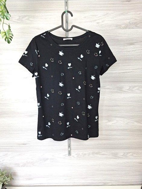 Orsay T-Shirt Kurzarmshirt Kaffeeprint Herzen Schwarz 36