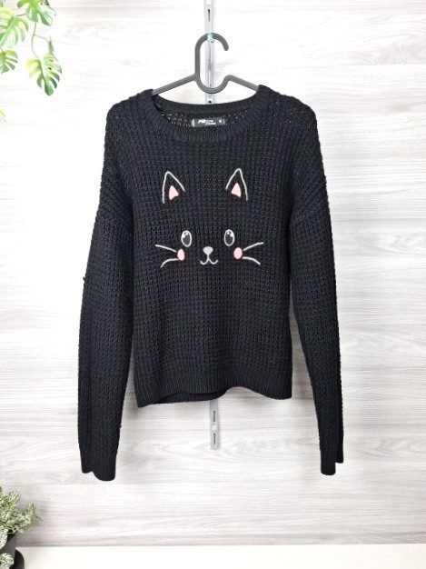 FB Sister FB Sister Strickpullover Katzenpullover Katzenmotiv Schwarz 36 Size S