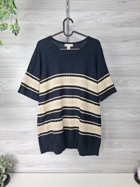Mona Feinstrickshirt Strickshirt Ajourmuster Zackenbordüre Marineblau 46