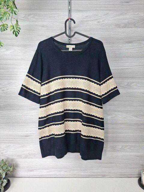 Mona Feinstrickshirt Strickshirt Ajourmuster Zackenbordüre Marineblau 46