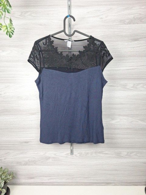 H&M H&M Spitzenshirt Kurzarmshirt Meshshirt Blau Schwarz 38 Size M