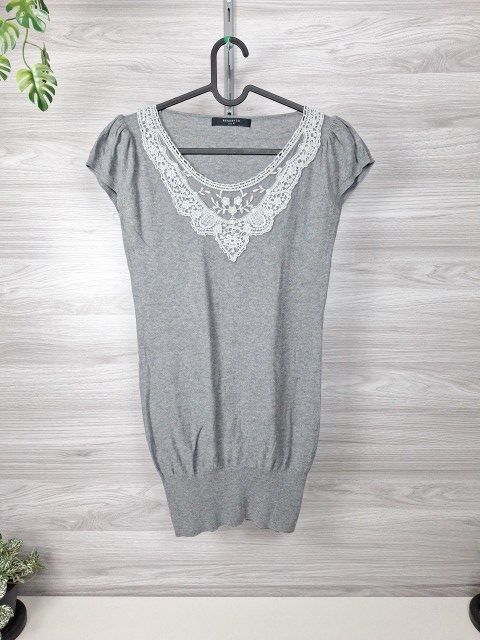 Reserved Reserved Longtop Spitzentop Häkelspitze Spitzenoberteil Kurzarm Grau 36 Size S