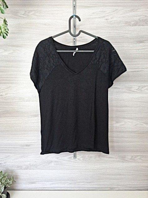 Promod T-Shirt Spitzenshirt Kurzarmshirt V-Ausschnitt Schwarz 38