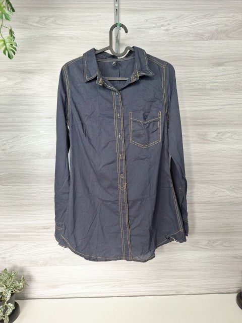 ONLY ONLY Hemdbluse Longbluse Bluse Kontrastnähte Langarm Blau 36 Size S