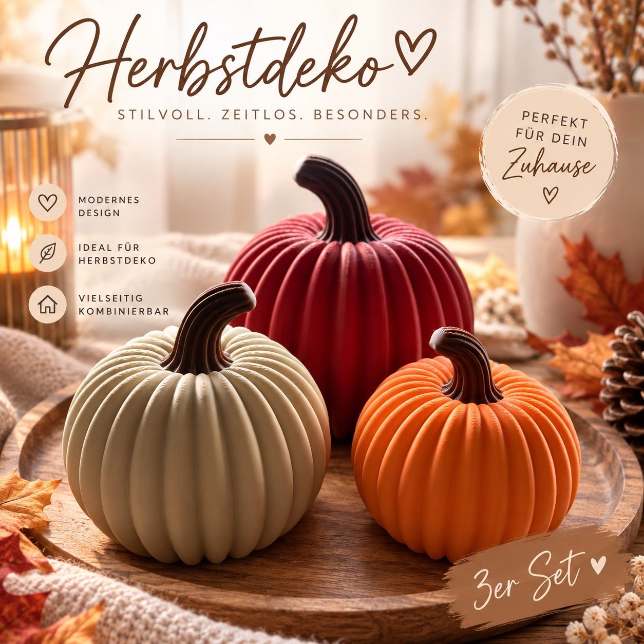 Linora Design  Herbstdeko Kürbis Set 🎃 | 3er Set | Orange, Creme & Bordeaux
