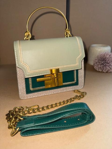 Ohne Marke Elegante Mini-Handtasche mit Goldgriff & Kette – Grün/Beige/Goldene Akzente